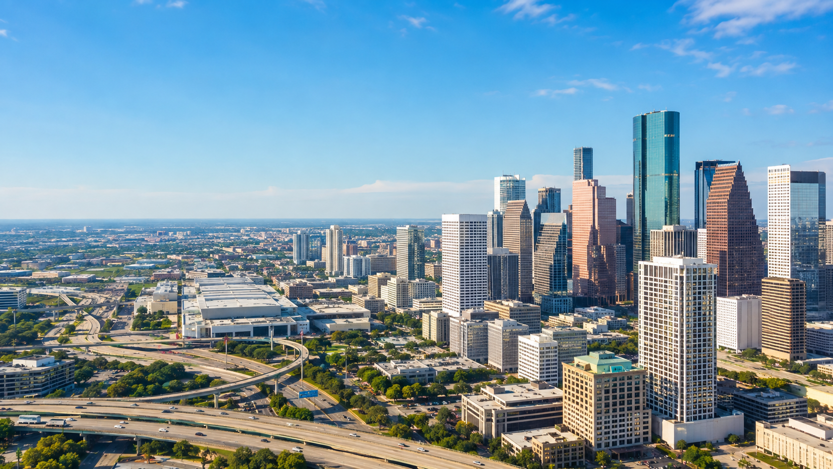 Daytime aerial view of the downtown Houston skyline